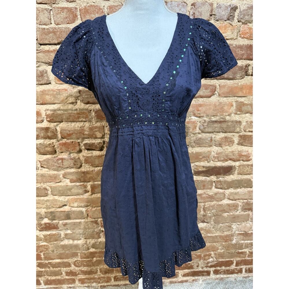 Y2K Style Navy Blue Eyelet Dress Sz 12 Sequin Accent Boho Empire Waist Peasant